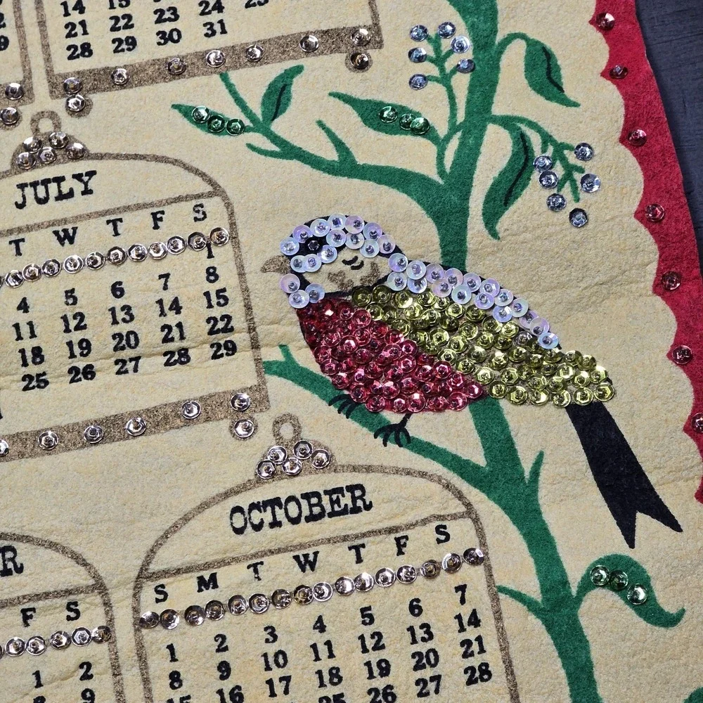 Vintage 1972 Felt Wall Calendar with Sequins, Bird Design
